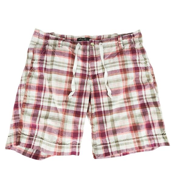 Eddie Bauer Short sz 12 Women Bermuda Chinos Plaid Burgundy Red Green Tie Preppy - Picture 1 of 9